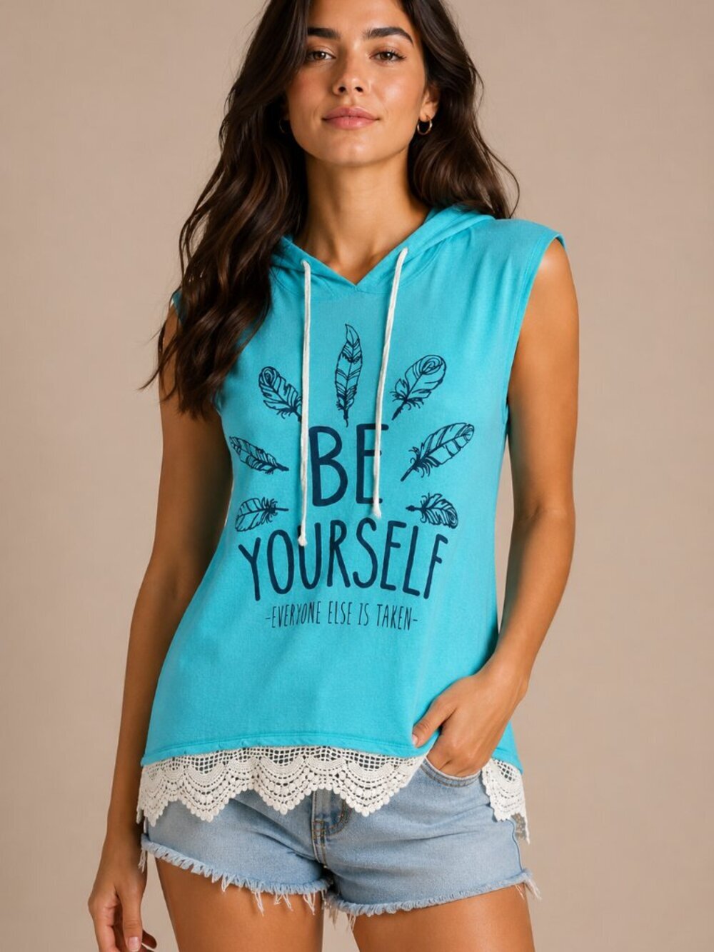 Spoiled Sleeveless Hoodie Top Teal Graphic Crochet Lace Hem Size S FLAWED